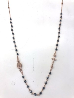 collana rosario con croce laterale e madonnina laterale con pietre nere in argento 925 bagnato in oro rosa